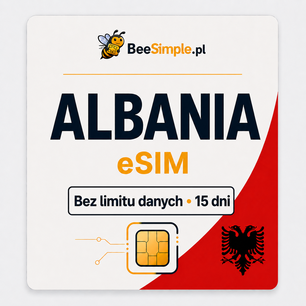 eSIM Albania - Bez limitu danych - 15 dni - BeeSimple.pl