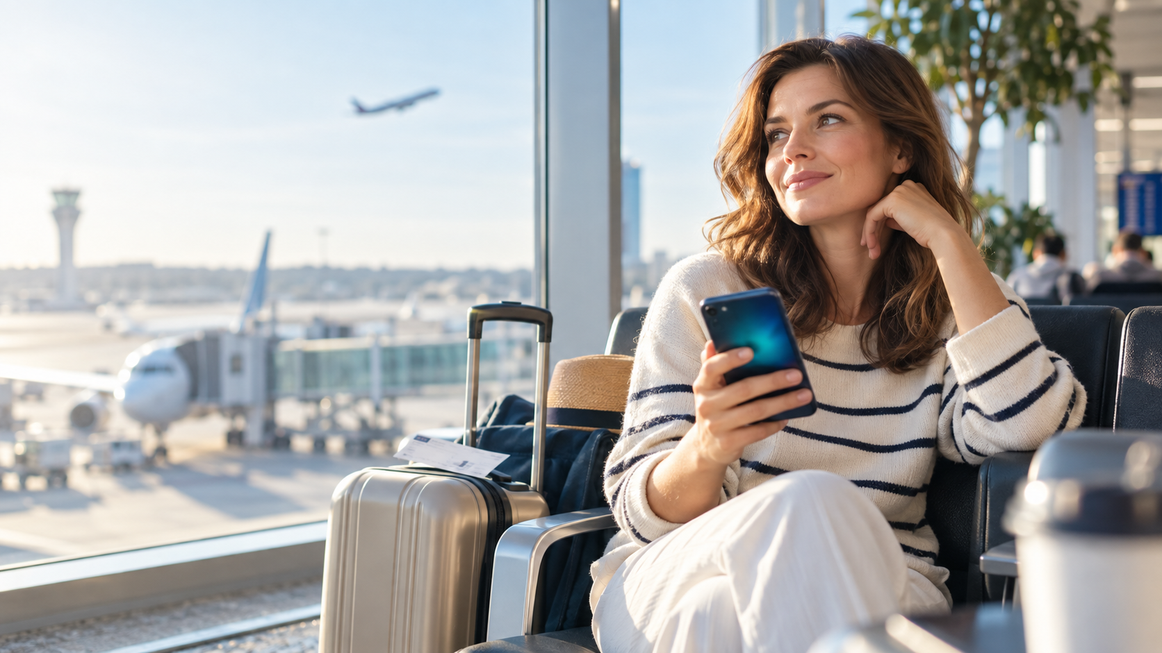 Kobieta z telefonem i walizką na lotnisku przed podróżą z eSIM
