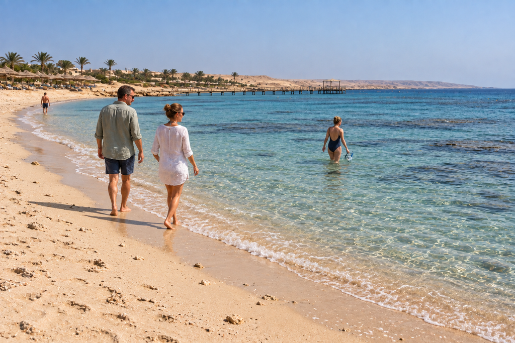 Turyści na piaszczystej plaży nad Morzem Czerwonym — ilustracja Marsa Alam